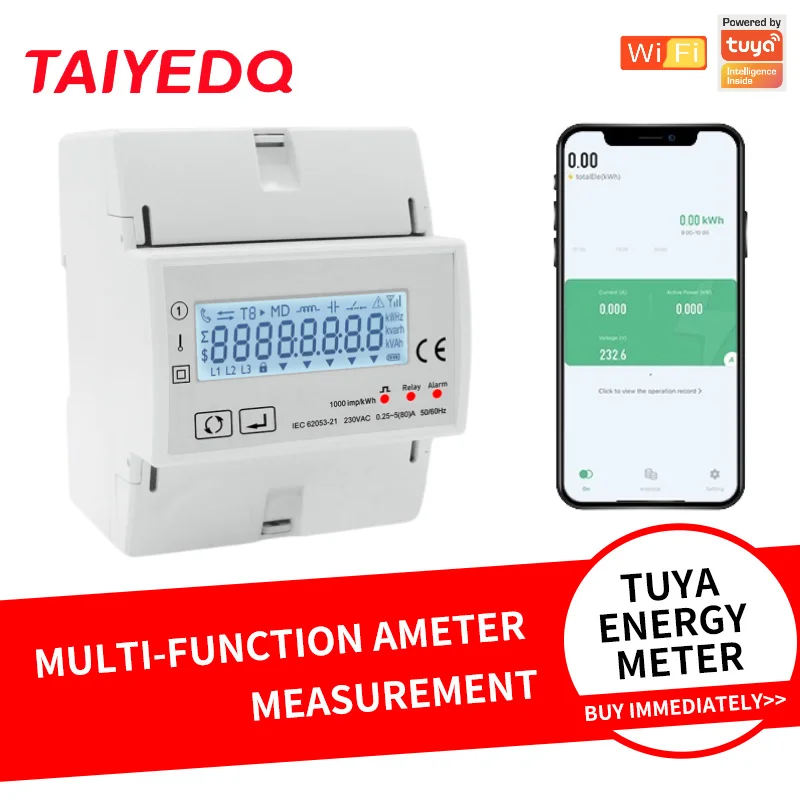 Multifunction Single Phase Din Rail Energy Meter 230V 45~65Hz TAC4121C WiFi Tuya Power Meter