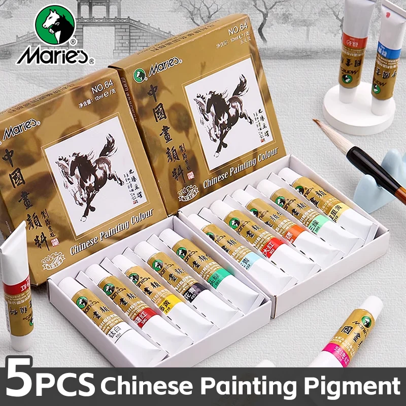 

5pcs Marie's Chinese Paint Pigment Set,12ml/0.42oz,19 Colors for Landscape,Figure,Ink Wash,Bird & Flower Painting for Artists