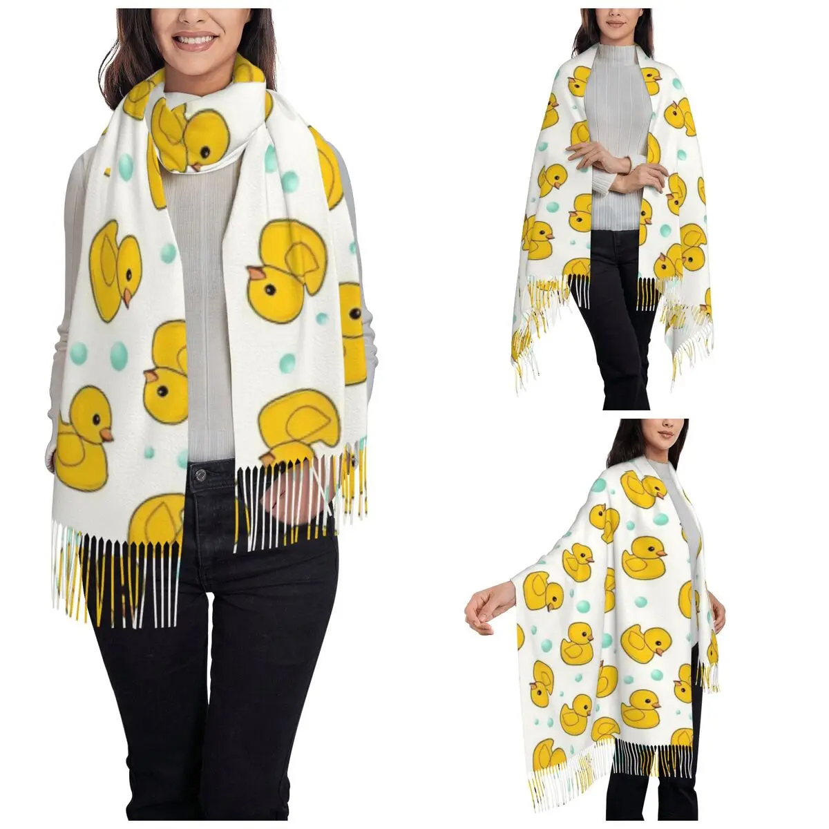 Cute Yellow Duck Cartoon Shawl Wraps Womens Winter Long Soft Scarf Little Ducks Neckerchief Tassel Scarves