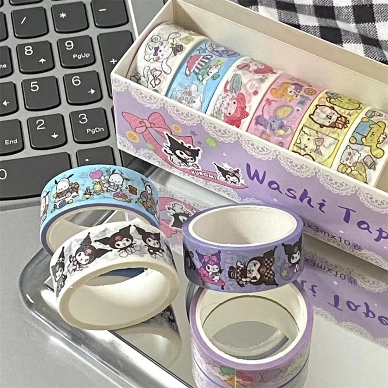 10Roll/Box Sanrio Kuromi Melody Cinnamoroll Guka Handbook Stickers Kawaii Pompompurin Pochacco Hand Account DIY Sticker Kid Toys