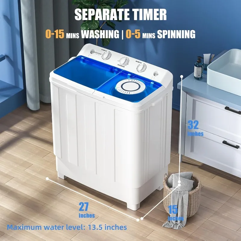 Auertech Portable Washing Machine, 28lbs Twin Tub Washer Mini Compact Laundry Machine with Drain Pump
