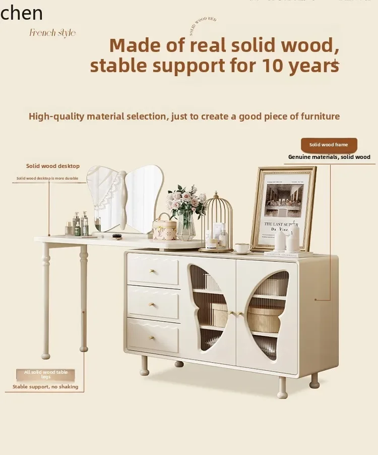 Cômoda H5.26 integrada com mesa de maquiagem de canto para quarto em madeira maciça