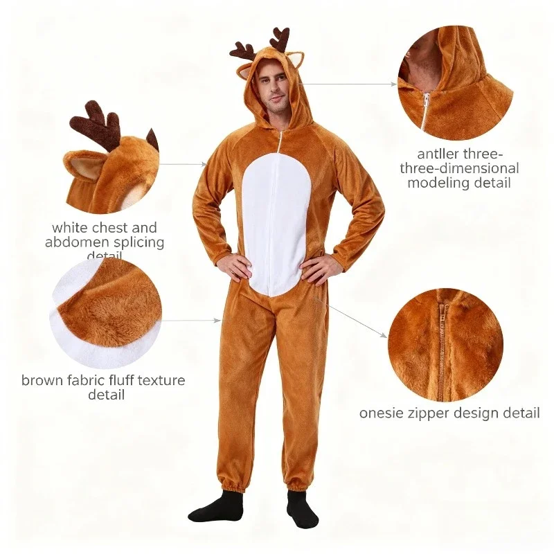 

Brown Reindeer Adult Onesie Animal Cosplay Jumpsuit Men's Halloween Christmas Party Costume