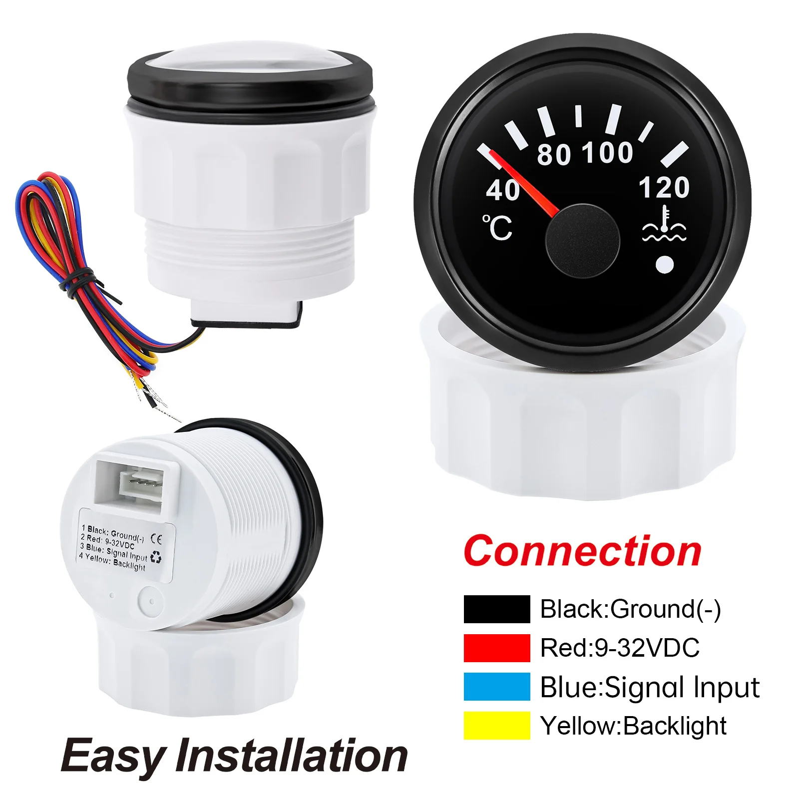 HD 52mm Universal Car Boat Water Temperature Gauge With Coolant Temperature Sensors Temp Meter Red Backlight With Alarm 12V/24V