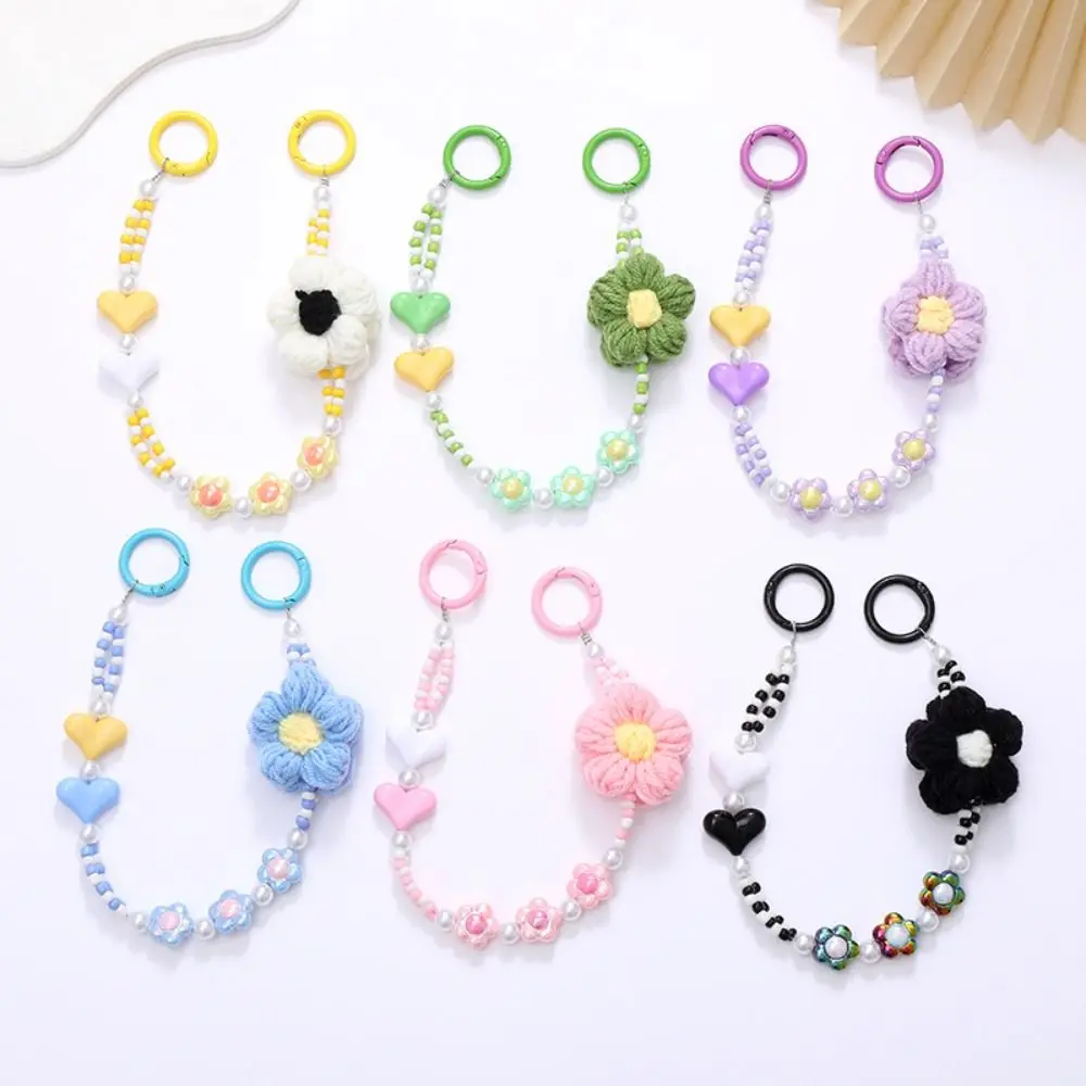 Phone Holder Crochet Flower Phone Chain Anti-Lost Keychain Colorful Beaded Lanyard Wrist Strap Acrylic Heart Case Chain