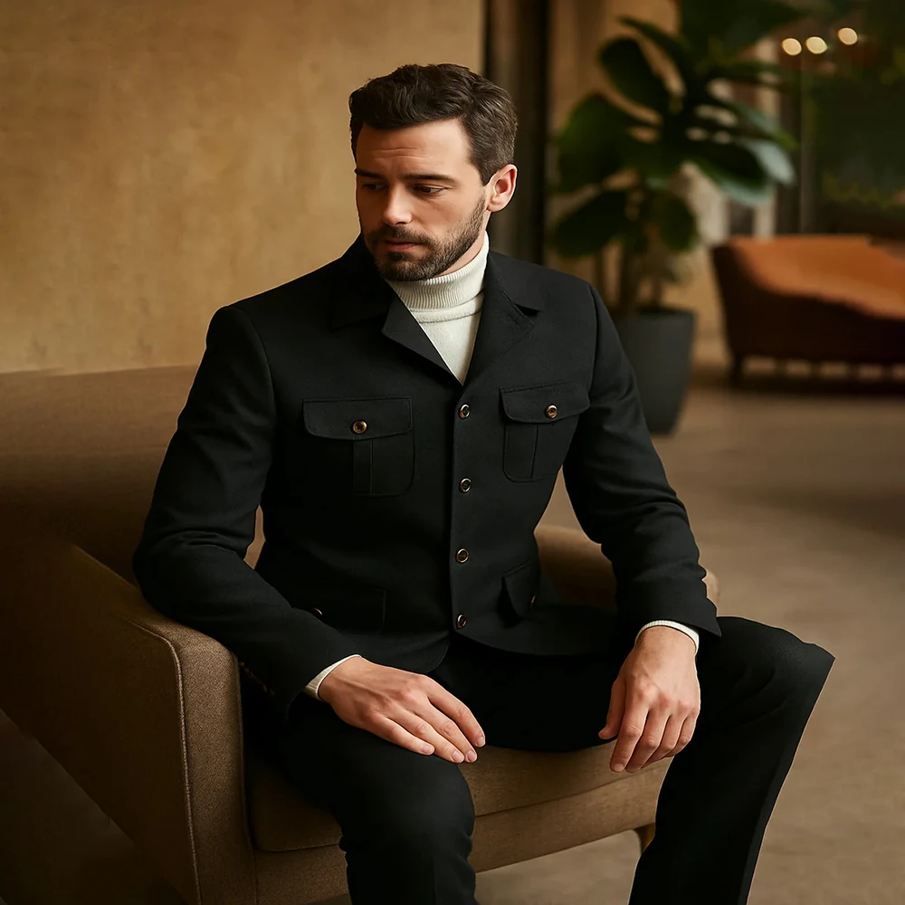 

Черные мужские костюмы по индивидуальному заказу, модные однобортные костюмы с лацканами, приталенная куртка, брюки, полный комплект, костюм Homme Terno