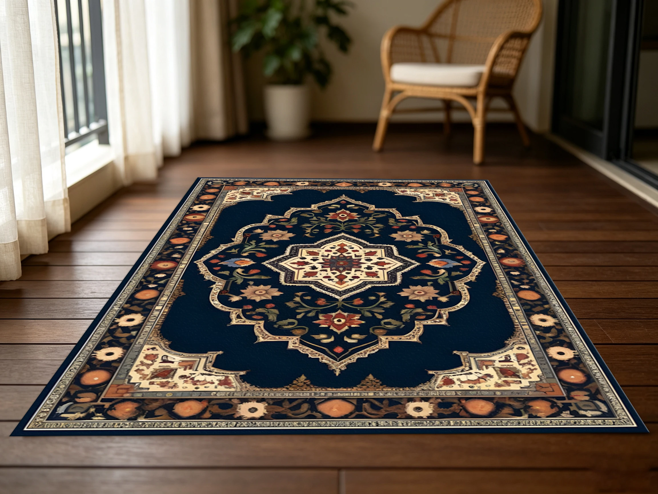 2D Large Rug with Retro Persian Star Flower and Intertwined Branch Pattern, a Light Luxury Exotic Style, Instantly Refreshes the Autumn and Winter Decor for the Living Room, Bedroom, and Coffee Table Area