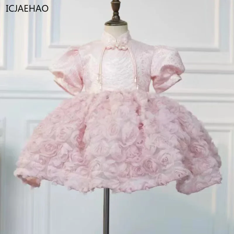 

ICJAEHAO 2024 Children's Autumn Clothes New Chinese Princess Kid Pink 1 Years Old Baby Girl Party Elegan Luxury Female Dresses