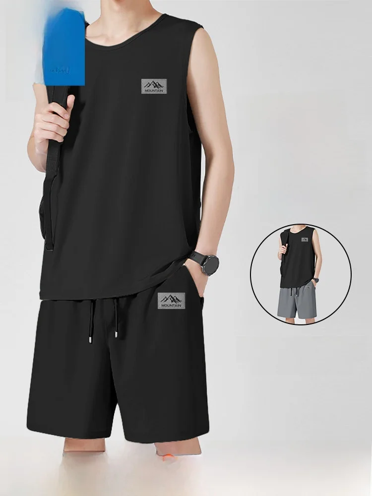 

Мужской комплект для тренировок Jeanswest: майка и шорты из ледяного шелка, быстросохнущий летний спортивный костюм для бега, молодежная модная спортивная одежда