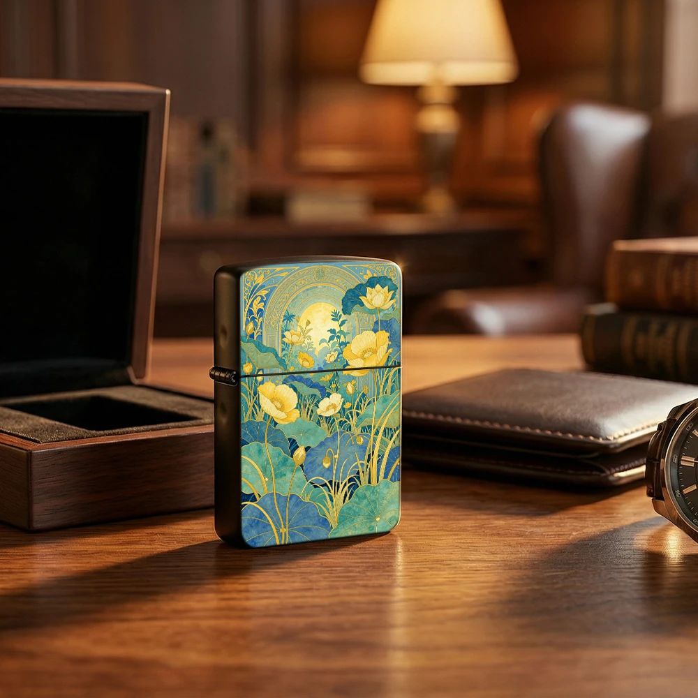 Art‑nouveau Flip Top Lighter lighters vintage Golden Lotus Arch Moon Ornate Art Print Pattern lighters for smokers Daily Carry