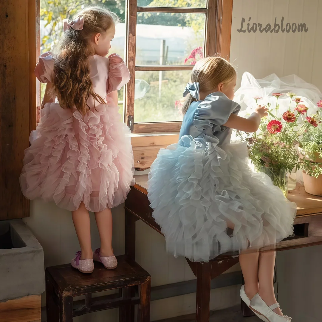 Abito Formale Multicolore con Maniche a Sbuffo per Bambine, Vestito da Damigella in Tulle, Abbigliamento da Cerimonia, Abito Stile Tutu da Balletto