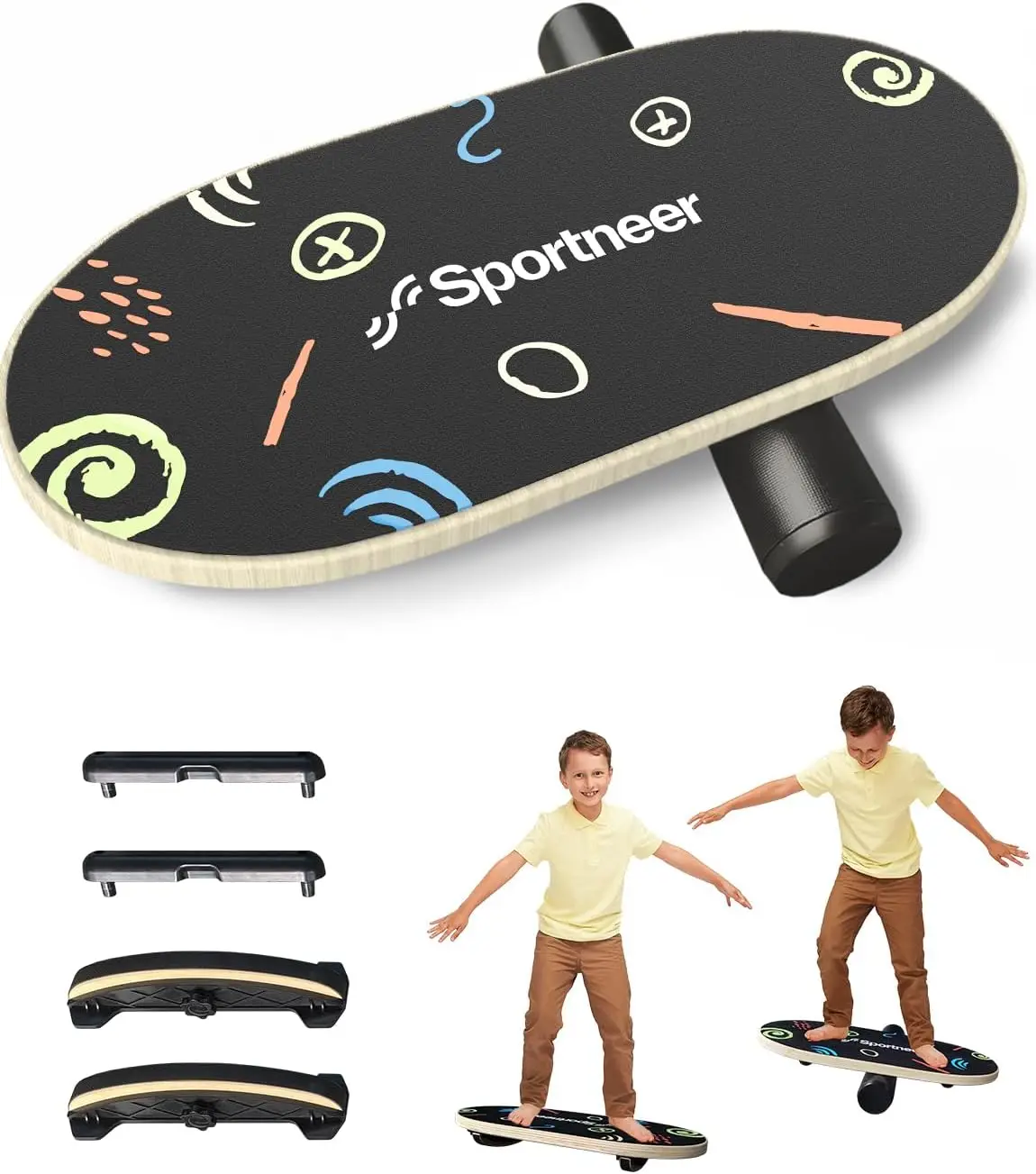 Safe and Sturdy Wooden Wobble Board for Kids Aged 3 - 12, with Semi-circular Wobble Blocks