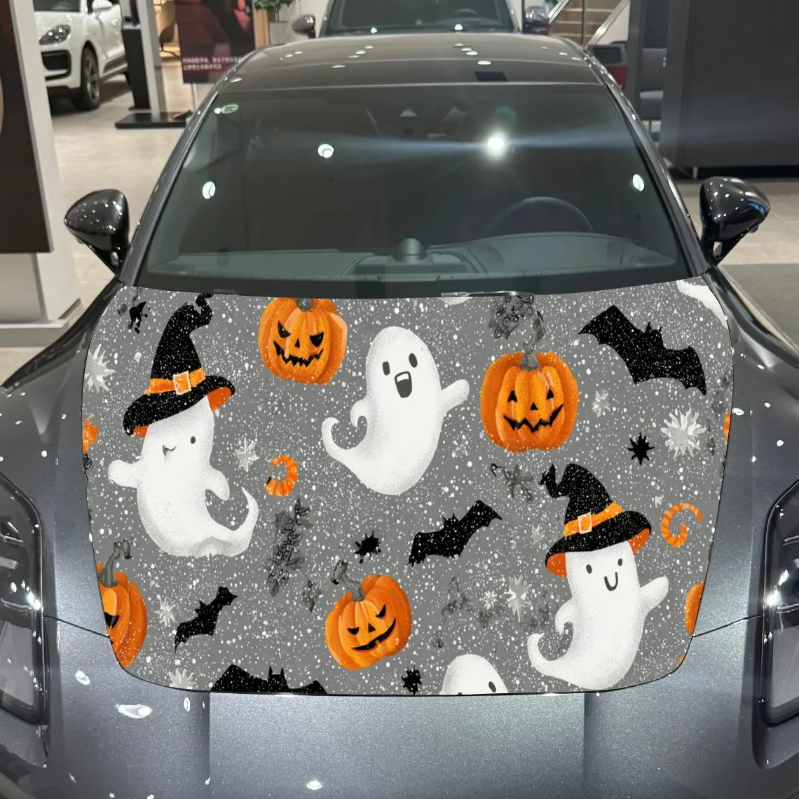 Cute Ghost Bat Thrill PVC Car Hood Wraps, Self-Adhesive Waterproof Car Bonnet Decal Sticker, Car Decoration Protection Stickers