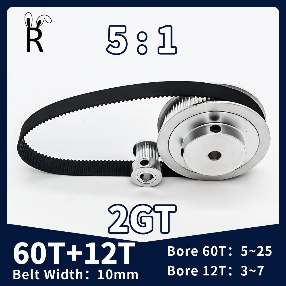 

60T 12Teeth GT2 Timing Belt Pulley Set Belt Width 10mm Tensioning Wheel Bore3~25mm Reduction 5:1 Synchronous Pulley Belt Kit 2GT