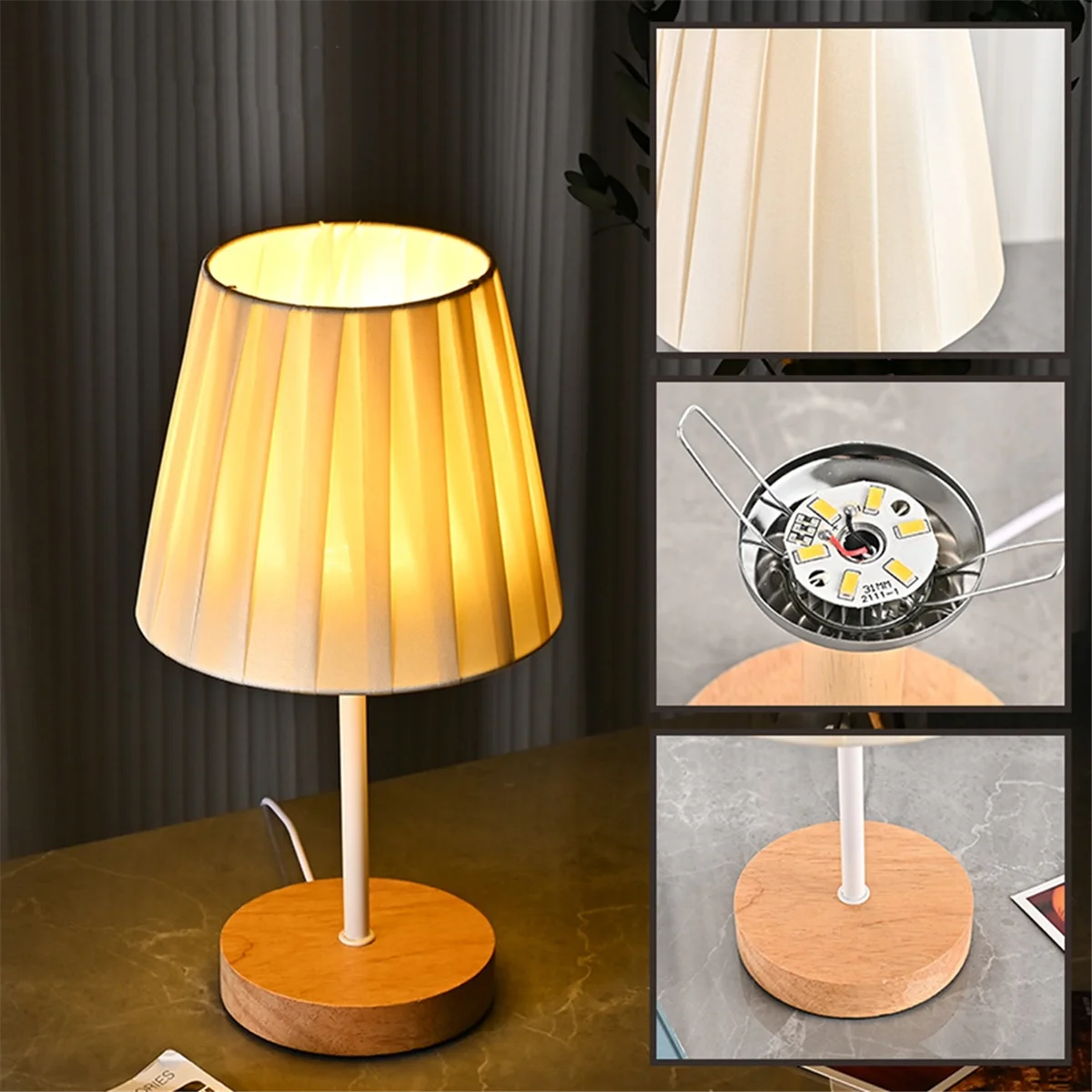 ABJZ 3W LED مصباح مكتبي مصباح طاولة خشبي يعمل بمنفذ USB - مصباح LED محمول بجانب السرير مع غطاء مطوي، 3 ألوان تعمل باللمس