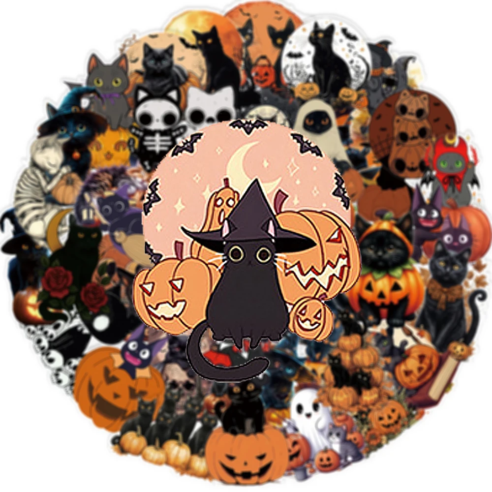 

10/30/50pcs Transparent Horror Halloween Stickers Gothic Pumpkin Black Cat Decal Toy DIY Phone Skateboard Guitar Cartoon Sticker