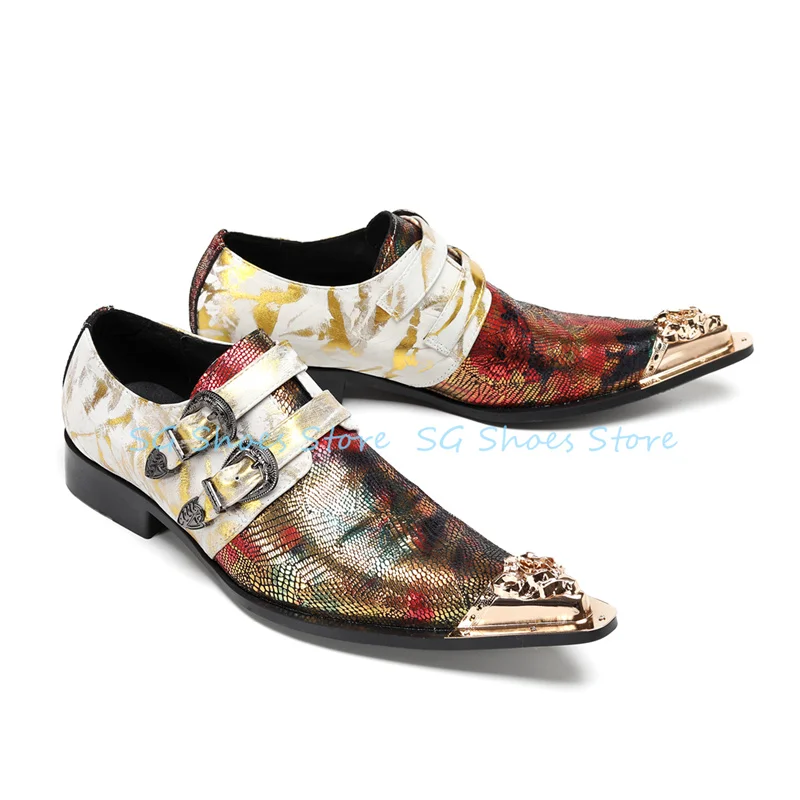 

Male Metal Pointed Toe Chunky Heel Shallow Loafers Fashion Mixed Color Belt Buckle Leather Shoes Wedding Business Shoes for Men