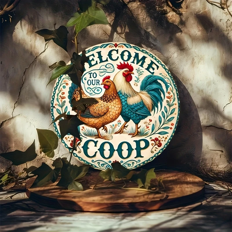 قطعة واحدة من علامة الدجاج الخشبية الدائرية العتيقة لتزيين حظيرة الدجاج في المطبخ، لوحة خشبية مطبوعة ملونة أحادية الجانب #3