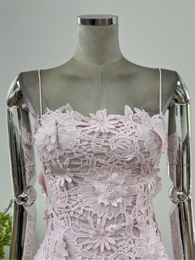여성용 2025 봄 여름 우아한 레이스 크로셰 컷아웃 스트랩리스 드레스 소프트 핑크 파티 칵테일 가운 여성스러운 달콤한 드레스