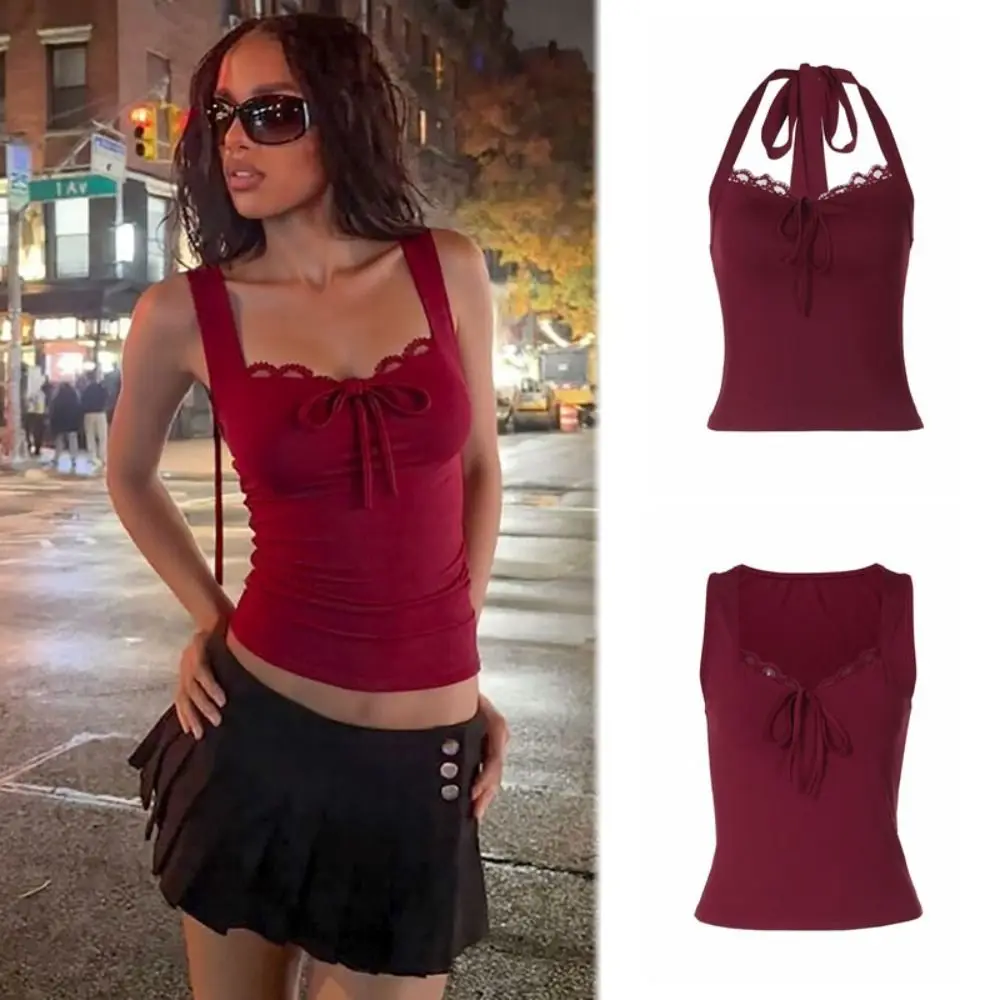 

Chic V Neck Slim Crop Tops BowKnot Short Sleeve Halter Bottoming T-shirt Sweet Elastic Lace-up Camisole Spicy Girl