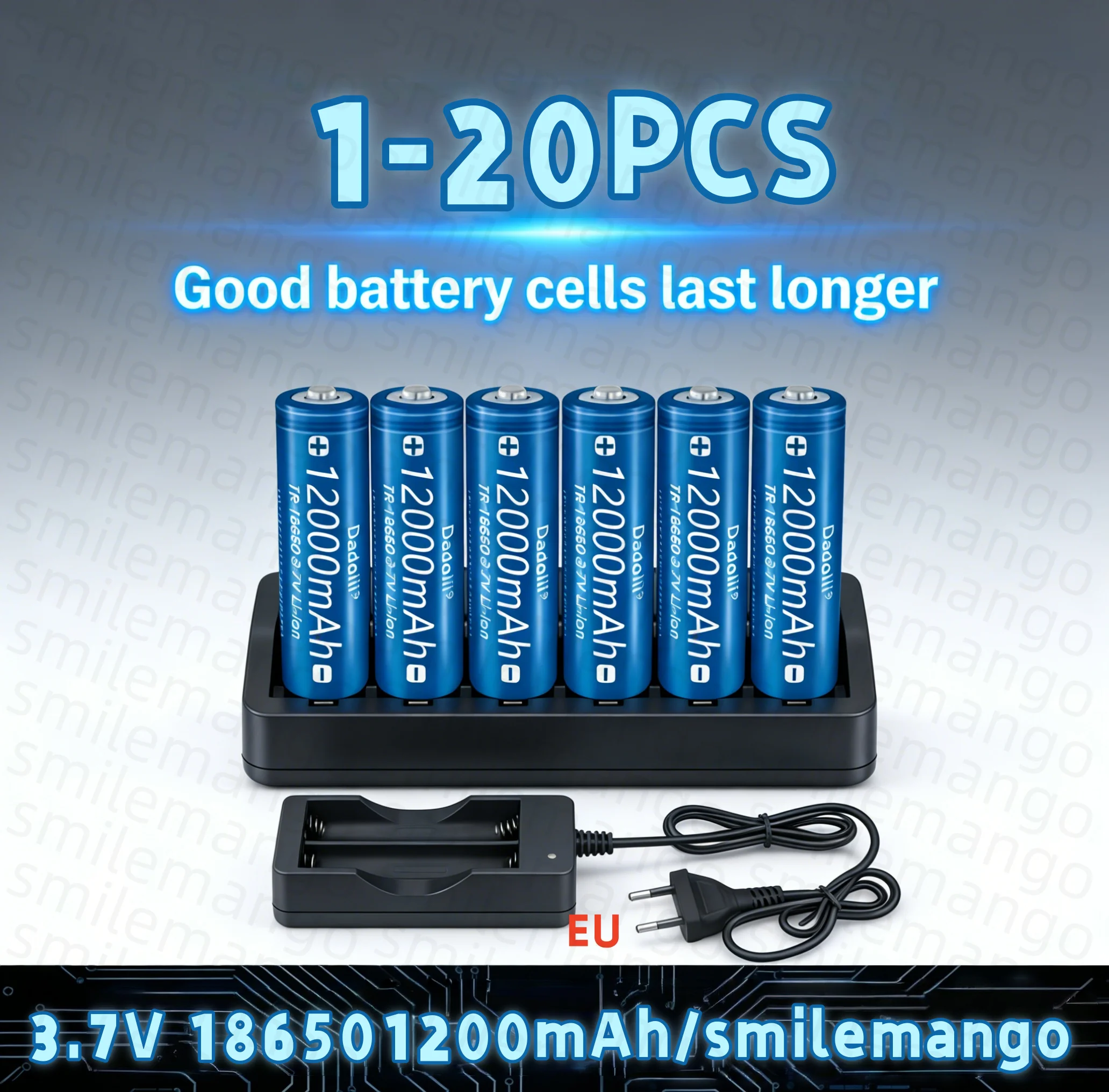 18650 3.7V Pointed Rechargeable Lithium Battery, 12000mAh, with Charger, Flashlight, Toy, and Remote Control.