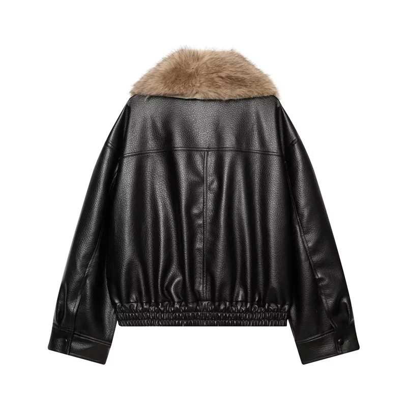 Guobioziy 2026 Women's Autumn and Winter Faux Fur Collar Faux Leather Jacket Loose and Warm Coat for Commuting and Parties