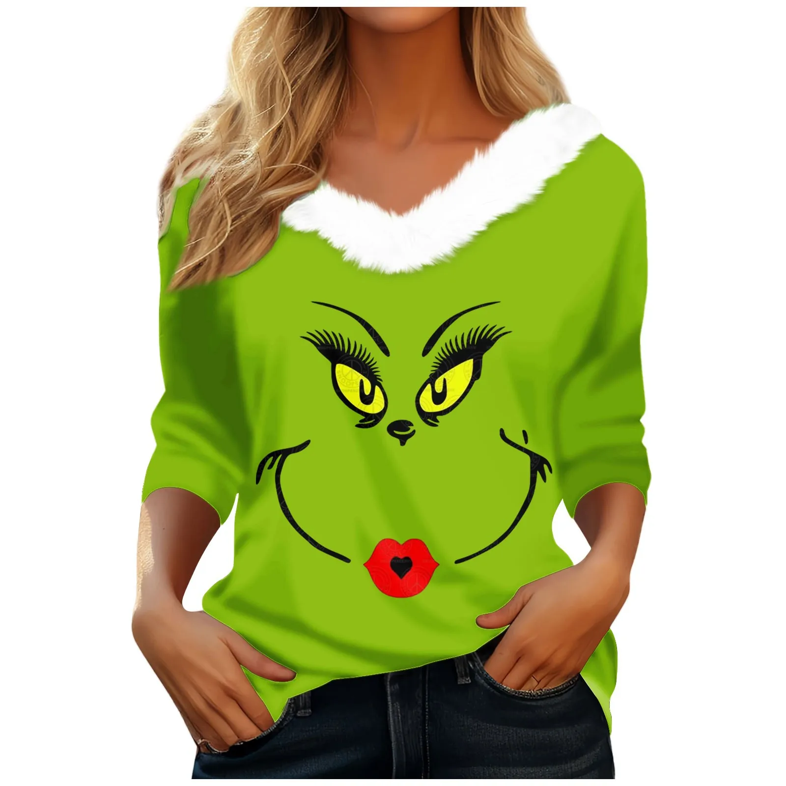 Women\'S T Shirt Tee Christmas Shirt Long Sleeve Party Christmas Fleece Collar V Neck Top Ropa De Mujer Ofertas Con EnvíO Gratis