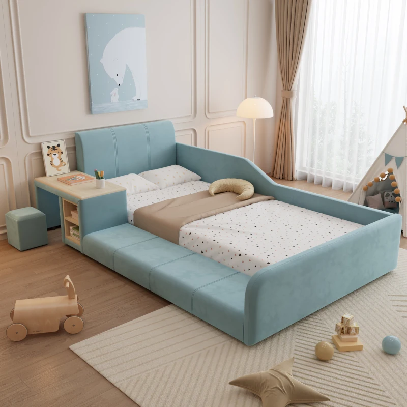 Lit rembourré en velours 138,99 x 47,78 x 23,29 cm avec bureau et tabouret, tête de lit douce et sommier à lattes en bois, espace couchage et travail pour chambre, maison, appartement, style moderne