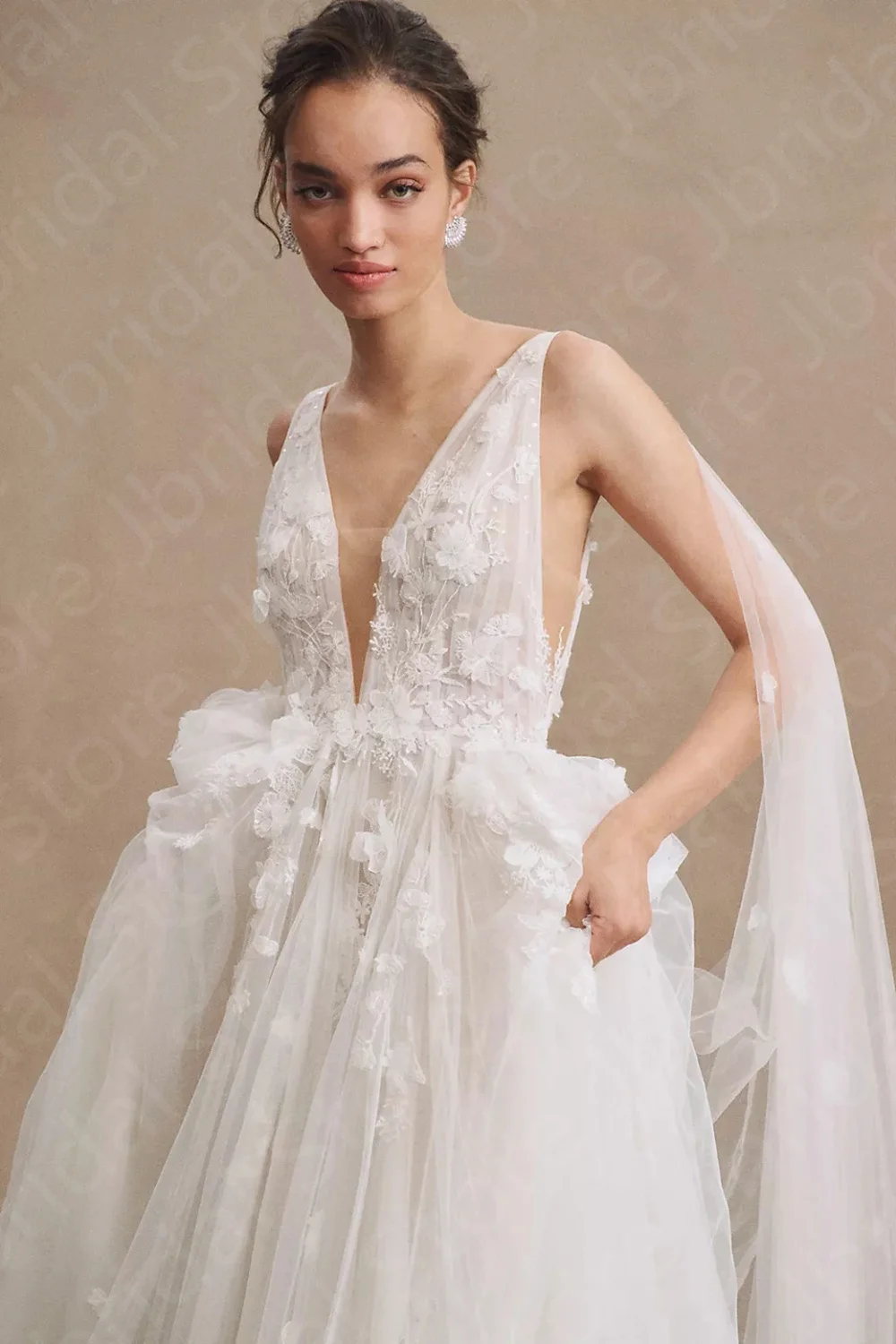 Vestidos de novia de encaje sin mangas, escote en V, espalda abierta, flores 3D, novedad de 2024