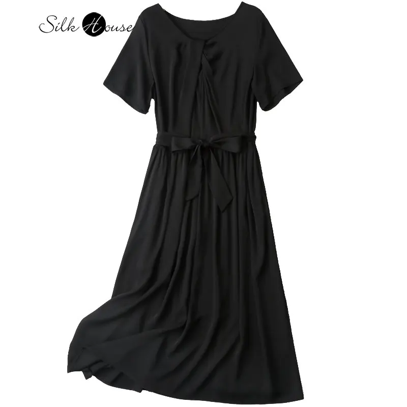 

French Style Silk Dress Short Sleeve Design High Waist Wrapped Chest Silk V-Neck Medium Length Women's Party Evening Dress