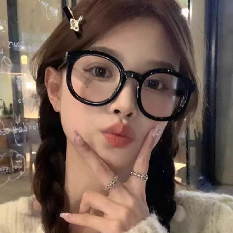 New Black Thick Frame Circular Large Frame Decoration Face Shaped Eyeglass Frame Can Be Paired with Prescription Eyeglass