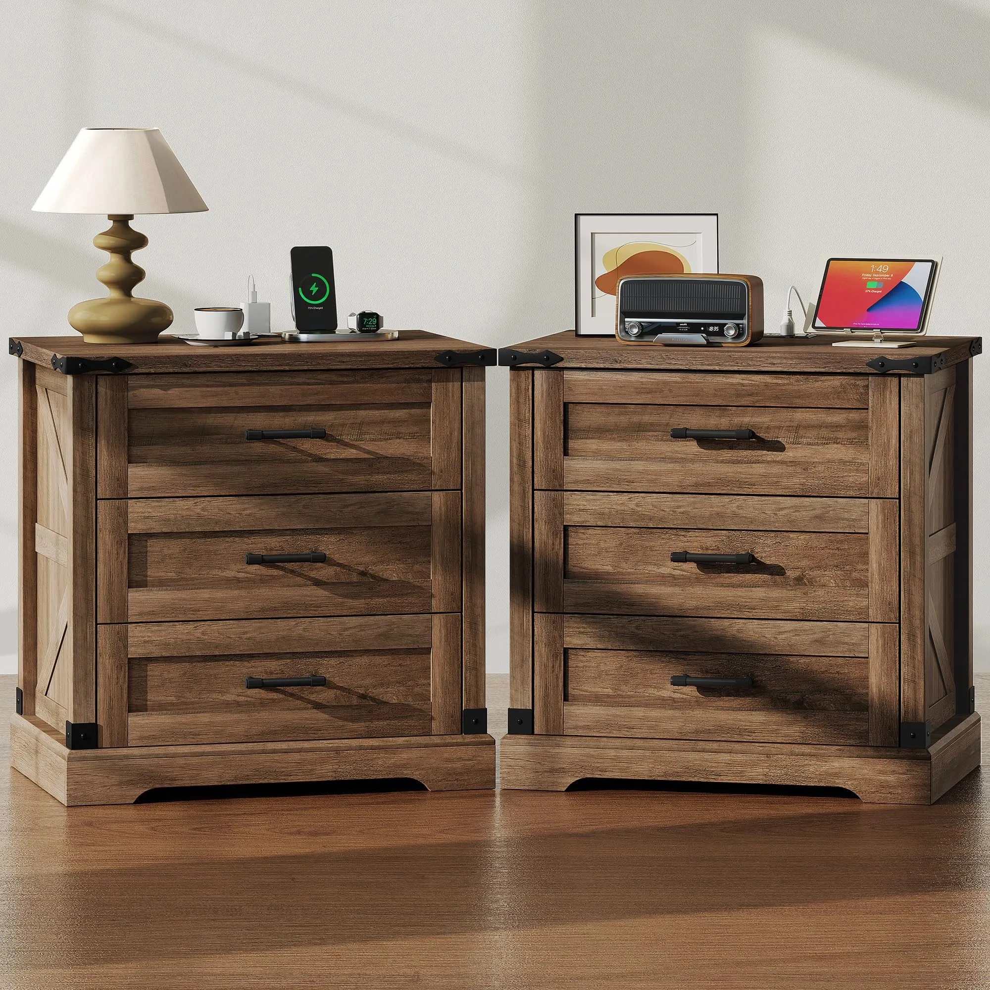 Farmhouse Nightstands Set of 2 with Charging Station, Rustic