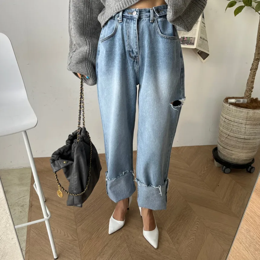 Adjustable Cuffed Ripped Straight Leg Jeans High Waist Nine Points Blue Denim Pants Women's Fashion Spring Autumn Winter