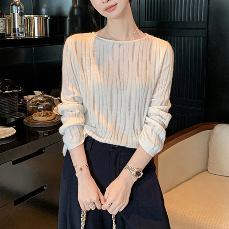 Office Lady Casual T Shirt Women Hollow Out Loose Autumn Knitted Tees Fashion Elegant Simple All Match Chic Long Sleeve Tops New