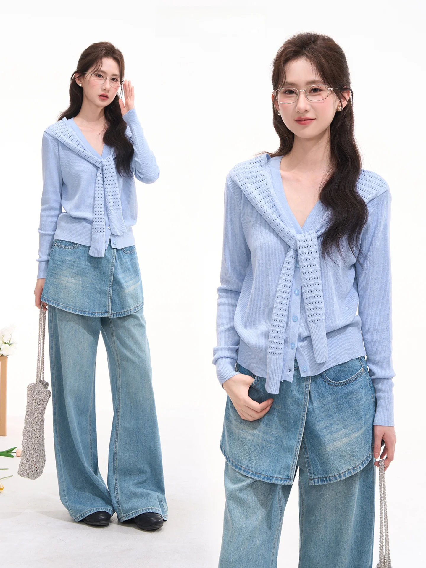 

Корейский стиль: универсальный вязаный топ-обманка из шерсти с имитацией двухслойности, весна-лето, женская мода, длинный рукав, стандартный крой