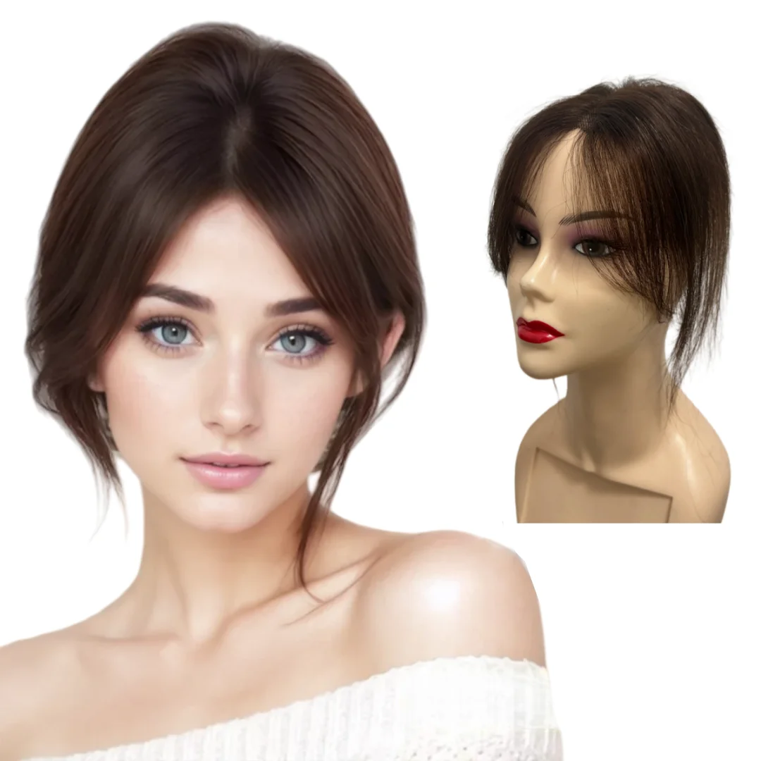 

Накладки для волос из 100% натуральных человеческих волос для женщин с челкой, дышащая кружевная основа, для редеющих волос, естественный вид, удлинение волос