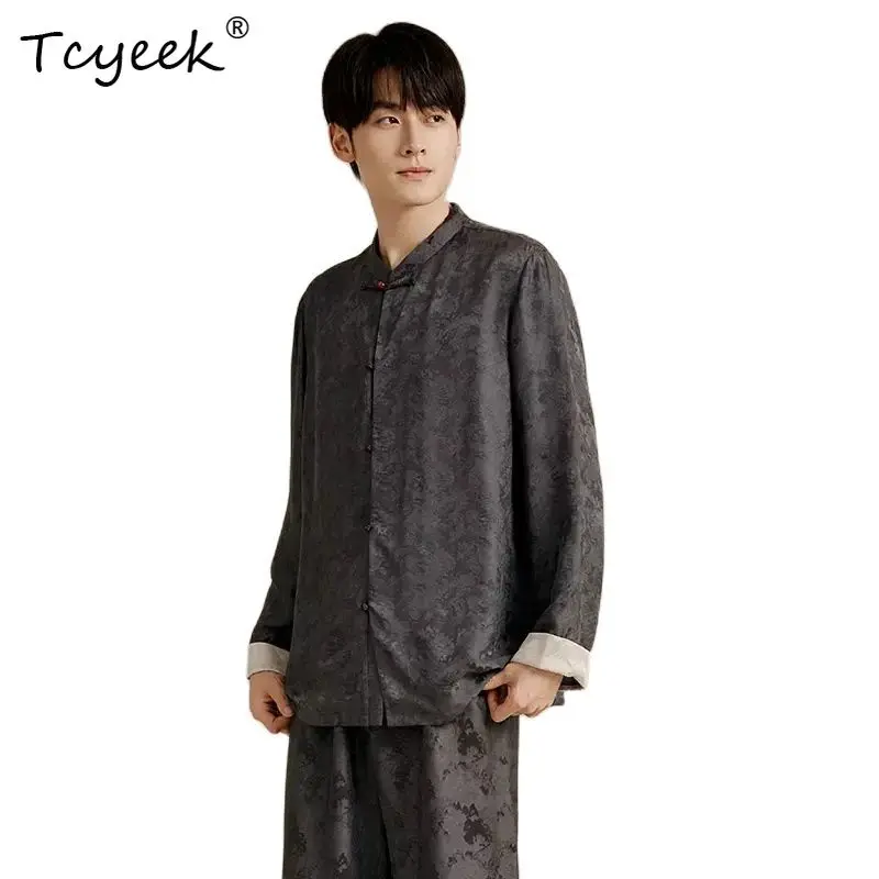 

Tcyeek, 100%Mulberry Silk Pajamas Set, Men Long Sleeve Top Pants, Retro Casual Jacquard Homewear, 2024 Summer Autumn S48323QC