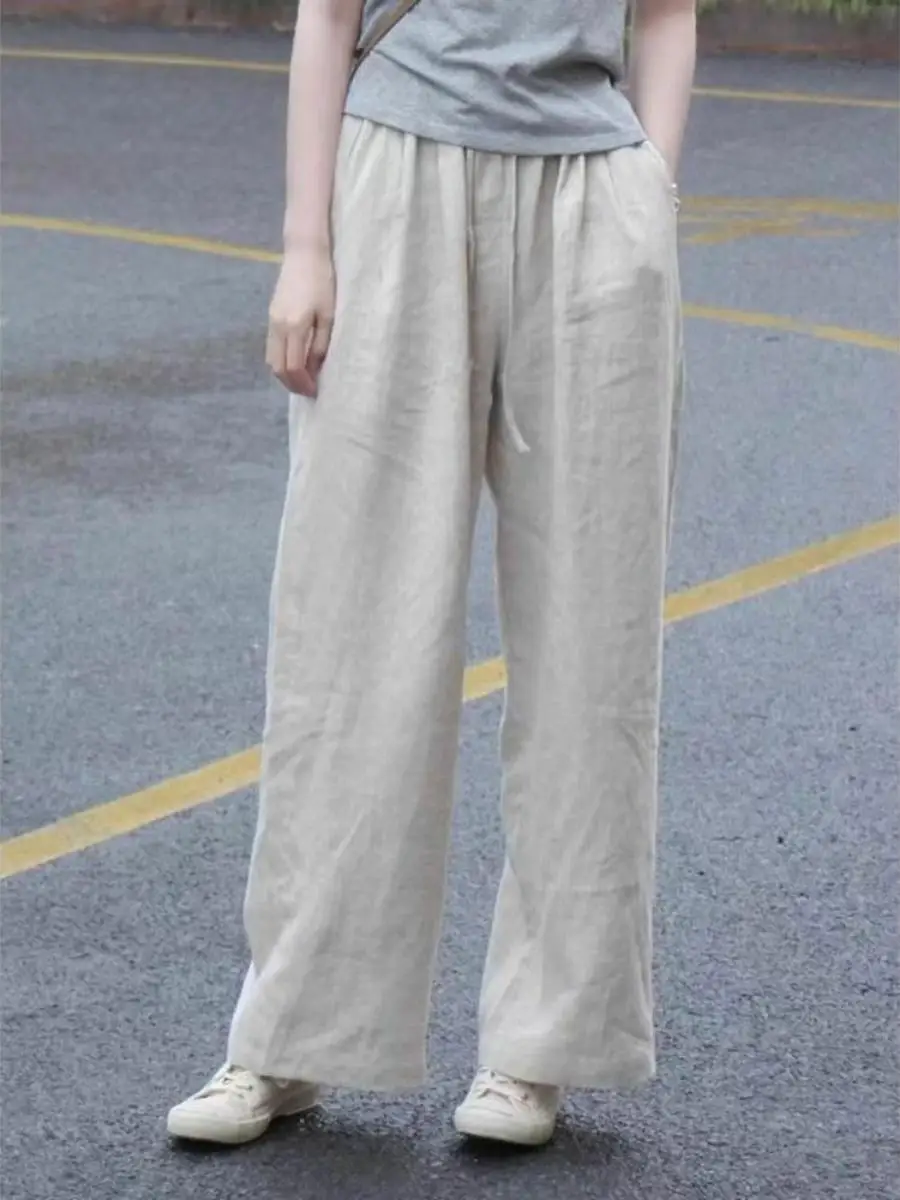 

Summer Thin Cotton Linen Wide Leg Pants Chinese Sle Loose Straight Cut Trousers for Men High Waist Long Cotton Linen Trousers