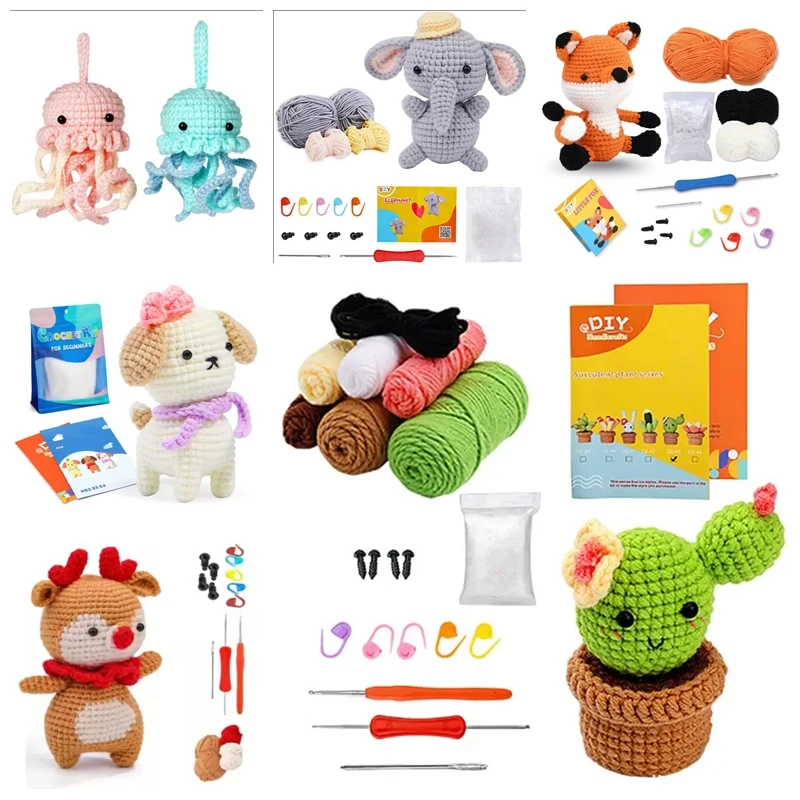 Handmade DIY Knitting Kits para iniciantes, lã, fio, material de crochê, agulha, gancho, desenhos animados, animal, pingente, boneca, artesanato, 1 conjunto