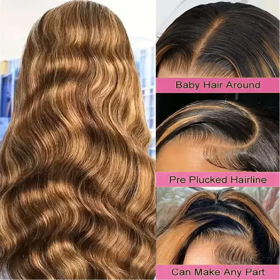 Highlight Piano Color Body Wave 36 Inches 200% Density 13x6 13x4 HD Transparent Lace Frontal Wig P4/27 Human Hair Wigs Pre Plucked Brazilian Hair For Women
