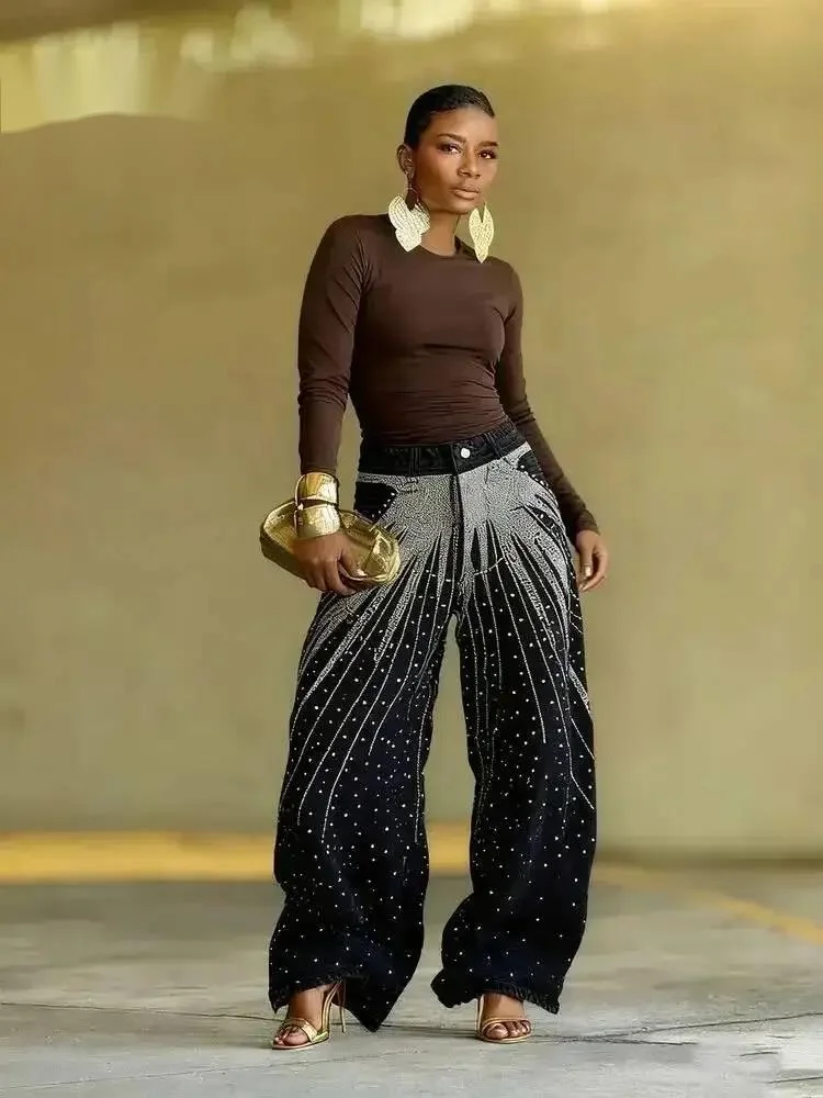 European And American Style Loose Scattering Star Studded Straight Leg Jeans For Women 2026 Spring APW4