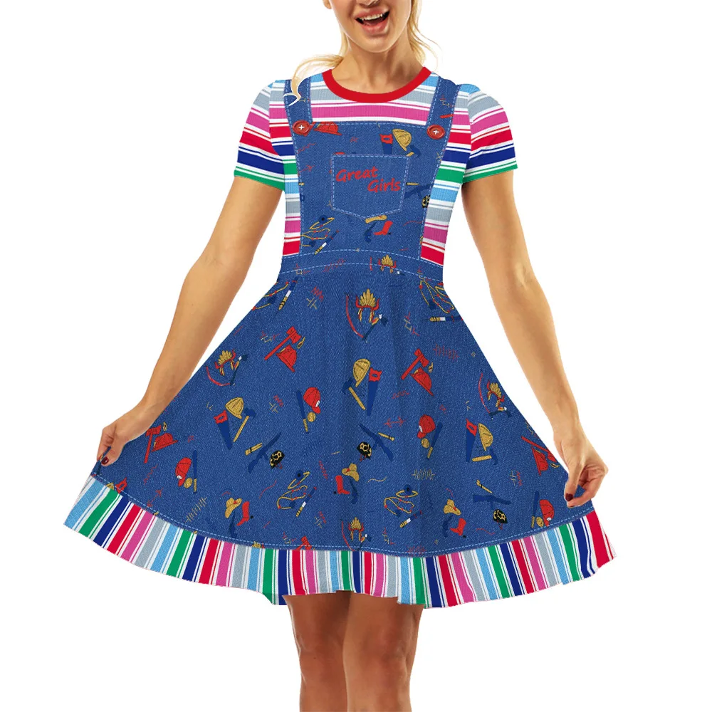 

Женское разноцветное платье для косплея, полосатая юбка с графическим рисунком, повседневное винтажное платье макси для вечеринки на Хэллоуин