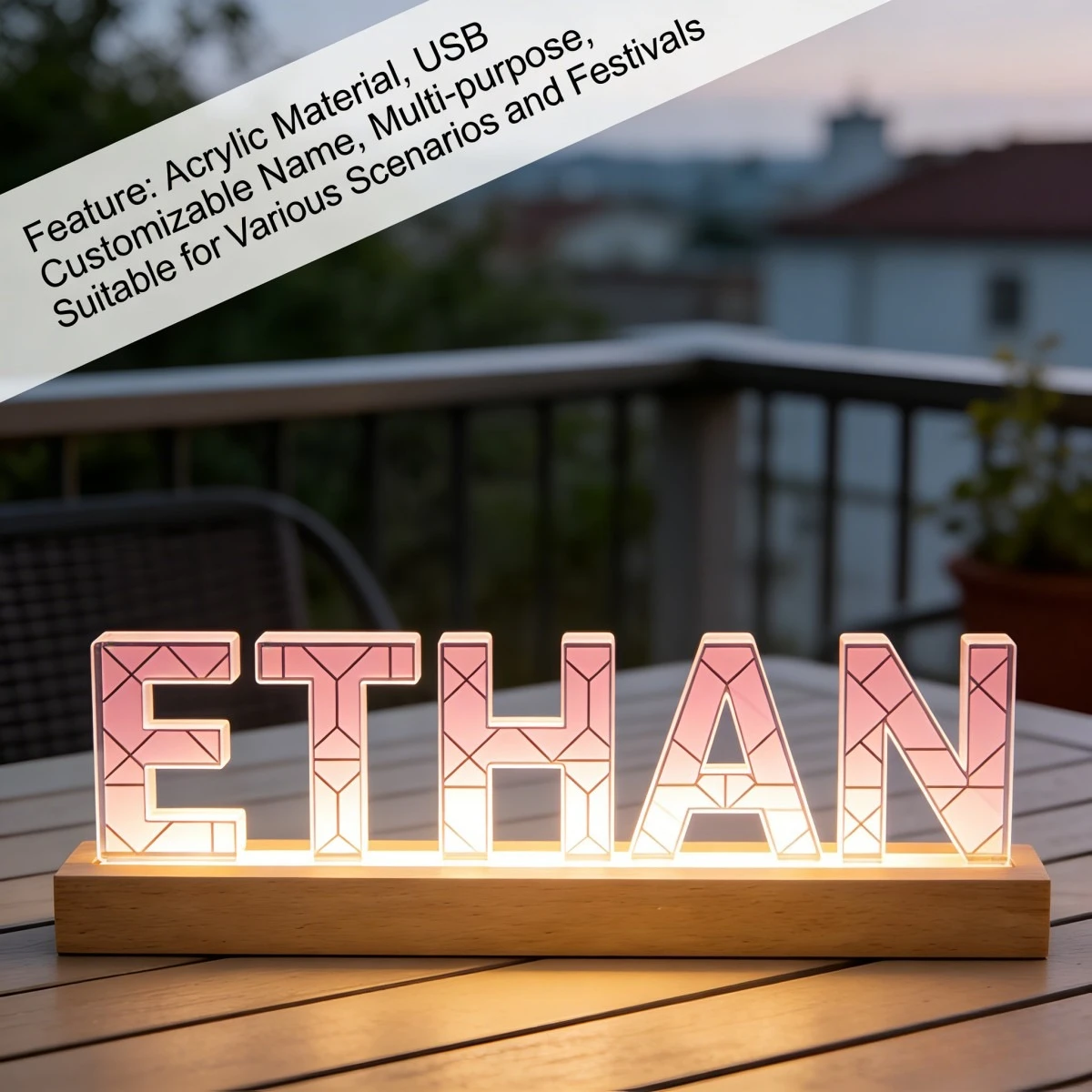 1pc Custom Text Acrylic LED Night Light, USB Powered Personalized Gift for Birthday, Warm White USB Powered Lamp with Wood Base