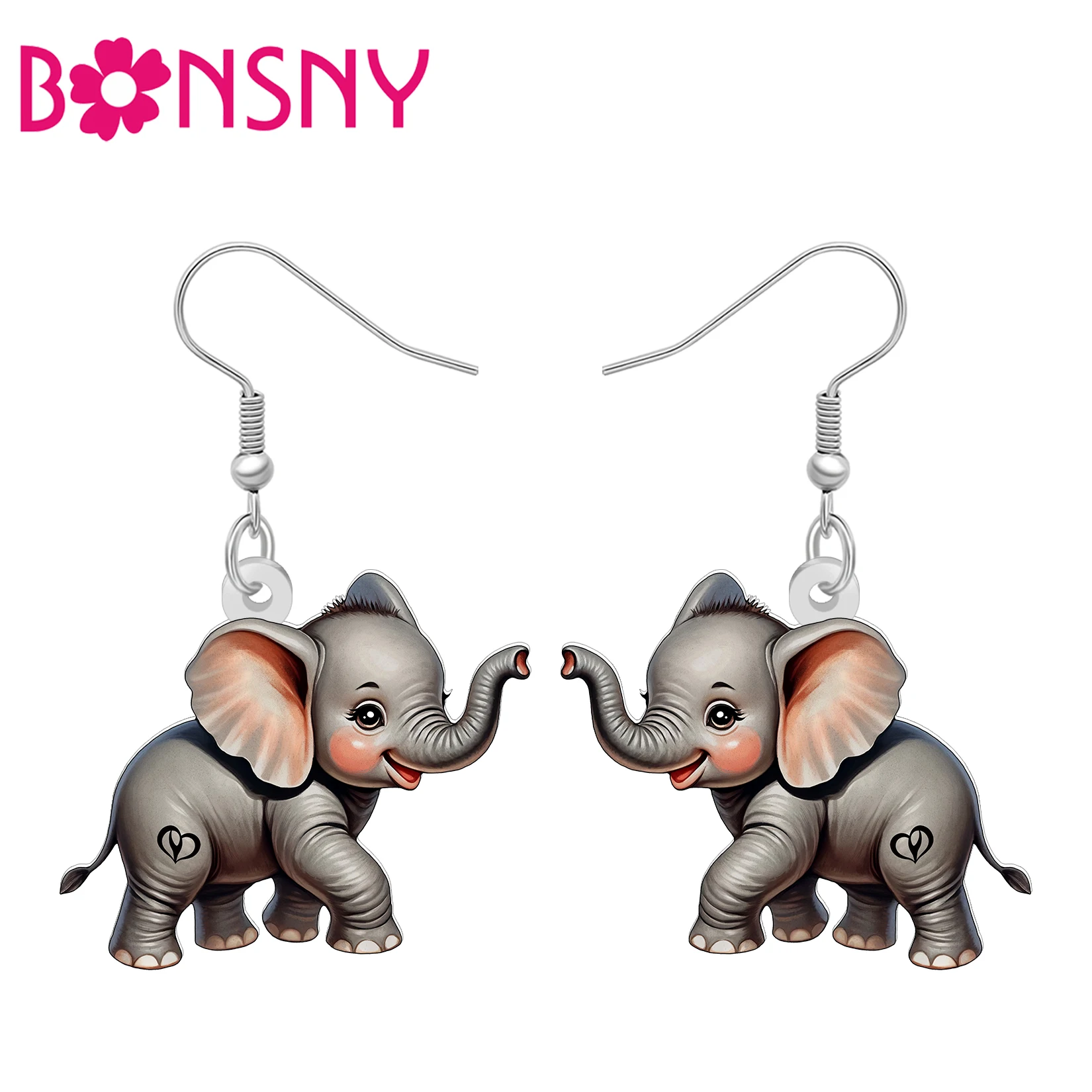 BONSNY Acrylic Funny Elephant Earrings Jungle Zoo Animals African Forest Elephants Dangle Tropical Jewelry Gifts For Women Teens