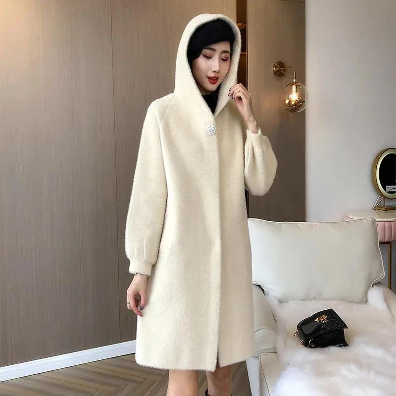 2023 Winter New Imitation Mink Fleece Coat Women\'s Mid length Winter Loose Thickened Gold Mink Fleece Coat Women\'s Mink Fleece