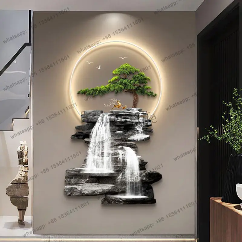 Flowing water generates wealth and enters the entrance, decorative painting, welcome pine staircase hanging painting with lamp