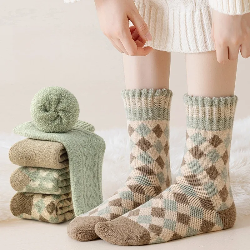 

4 Pairs Thick Wool Hot Socks for Women Warm Mid-Calf Brushed Thermal Socks Woman Casual Fall Winter Cozy Socks Set High Quality