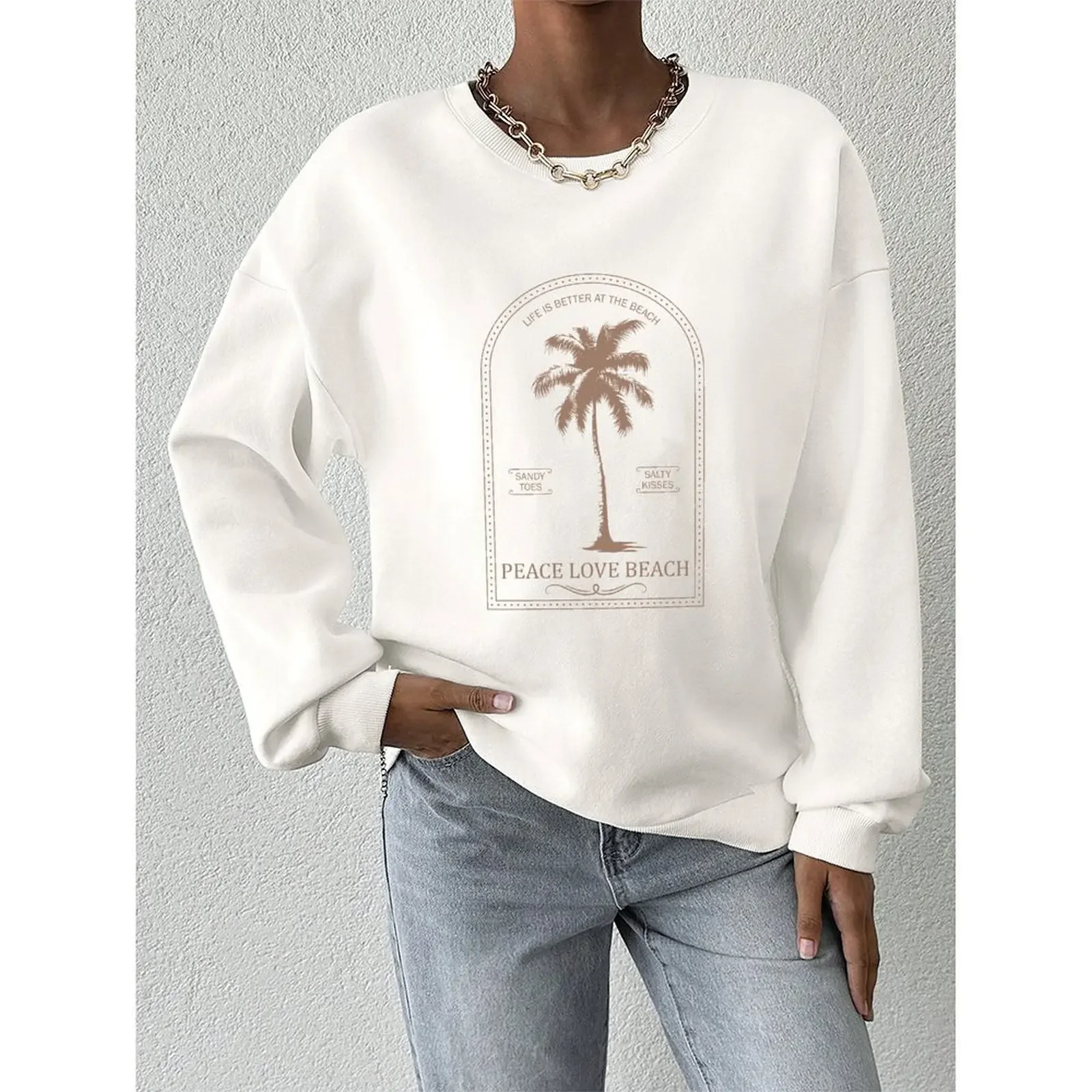 سترة نسائية برقبة دائرية سترة شتوية مخملية غير رسمية بأكمام طويلة مطبوعة برسومات النخيل وأكمام طويلة بلوفرات شتوية ملابس نسائية 2025