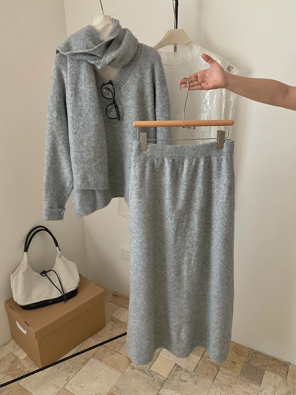 

Корейские модные комплекты из двух предметов, женская одежда, однотонное вязаное платье-свитер, свободный пуловер, свитера, комплект с юбкой, женская одежда