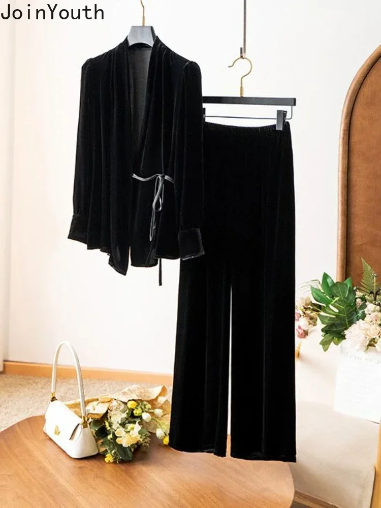 Temperament Outfits Vintage Korean Two Piece Sets V-neck Bandage Shirts High Waist Straight Wide Leg Pants Suit Chic Velvet Set